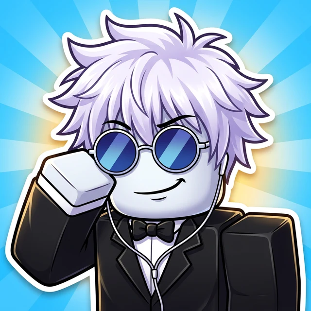 Yolkie's Roblox avatar: white spiky hair, round blue glasses, black suit